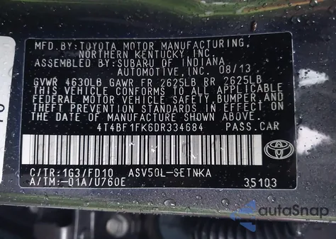 2013 Toyota Camry Le z USA, uszkodzony, nr VIN 4T4BF1FK6DR334684